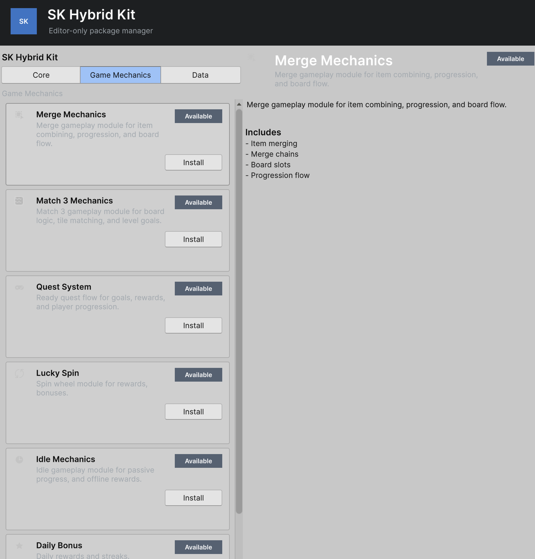Sumin Kit Unity package interface with available modules and install buttons